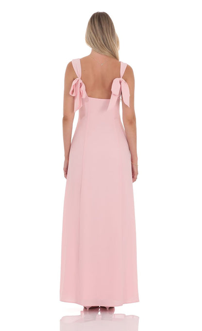 Soft A-Line Square-Neck Bow-Accent Open-Back Blush Chiffon Floor-Length Prom Dresses