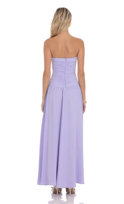 Soft A-Line Strapless Sleeveless Ruched-Bodice Lavender Chiffon Floor-Length Prom Dresses