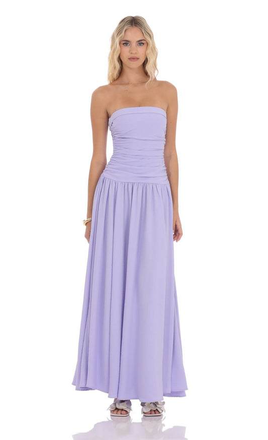 Soft A-Line Strapless Sleeveless Ruched-Bodice Lavender Chiffon Floor-Length Prom Dresses