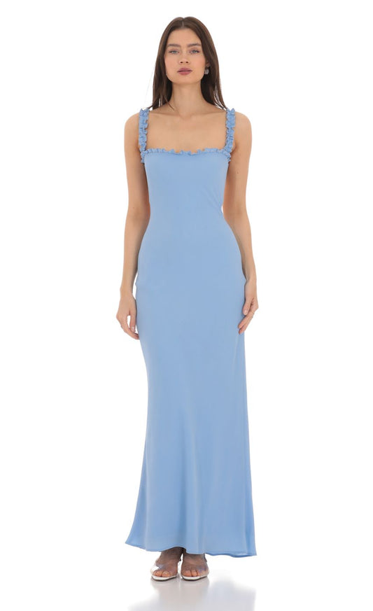 Soft Sheath Square-Neck Ruffle-Accent Cut-Out-Back Sky Blue Chiffon Floor-Length Prom Dresses