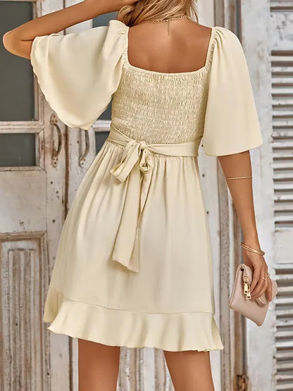 Soft A-Line V-Neck Cape Sleeve Wrap Tie Cream Mini Homecoming Dress For Women