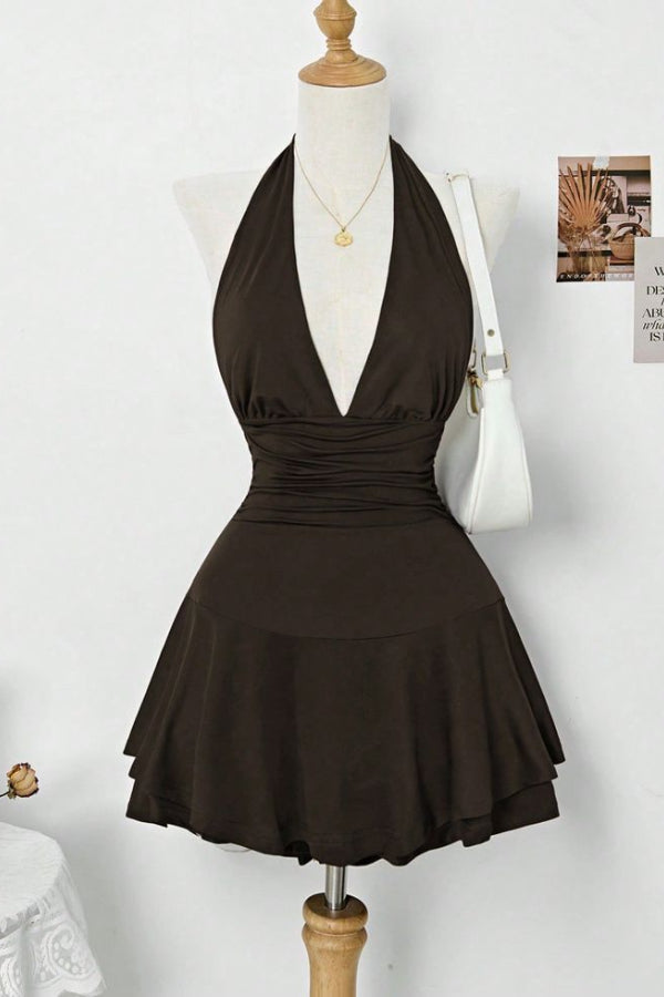 Solid Color A-Line Halter-Neck Sleeveless Lace Up Short-Mini Homecoming Dress