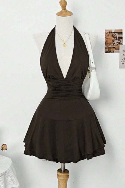 Solid Color A-Line Halter-Neck Sleeveless Lace Up Short-Mini Homecoming Dress