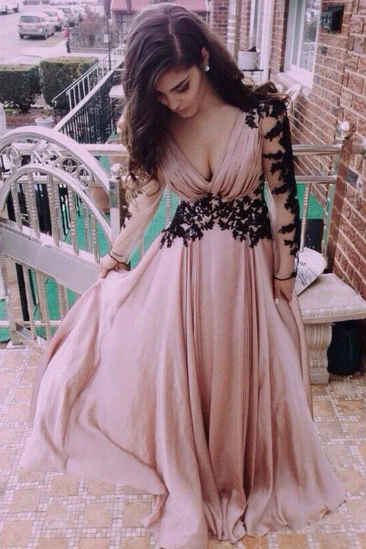 Sophisticated A-Line Deep V Neck Long Sleeve Deep V Back Floor Length Formal Evening Dress