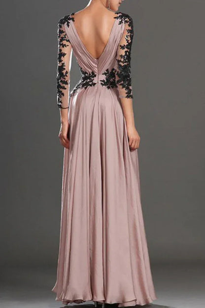 Sophisticated A-Line Deep V Neck Long Sleeve Deep V Back Floor Length Formal Evening Dress