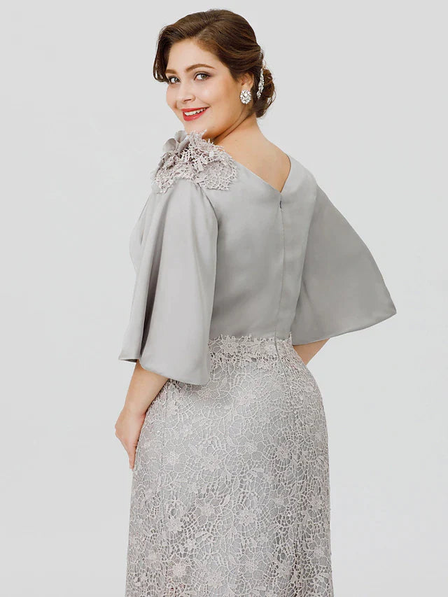 Side profile of a plus size formal dress with a mermaid silhouette.