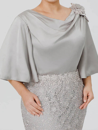 Elegant sweep train of a mermaid mother of the bride dress.