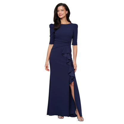 Sophisticated Sheath Crew-Neck Puff-Sleeve V-Back Maxi Evening Dress