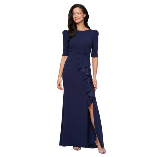 Sophisticated Sheath Crew-Neck Puff-Sleeve V-Back Maxi Evening Dress