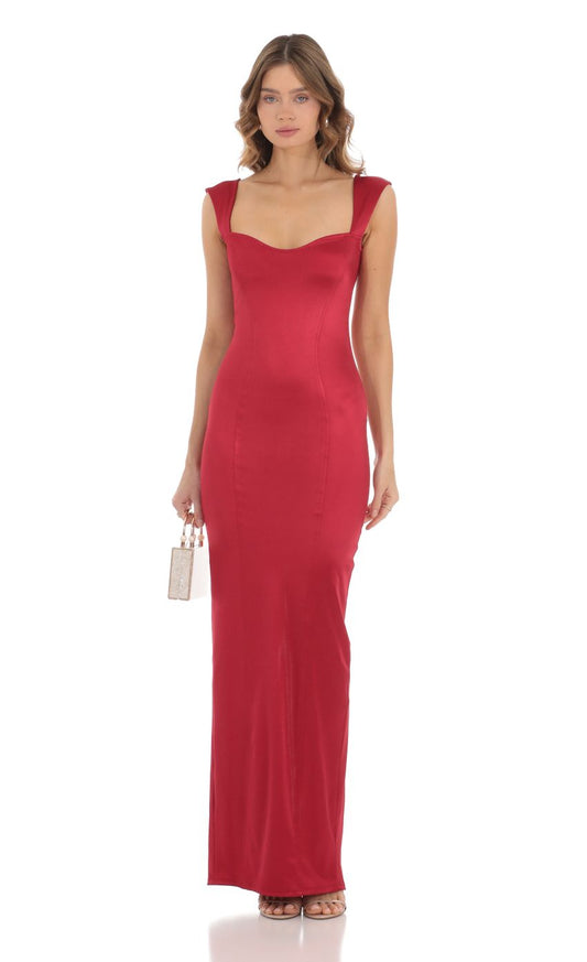 Sophisticated Sheath Square-Neck Sleeveless Open-Back Crimson Satin Floor-Length Prom Dresses