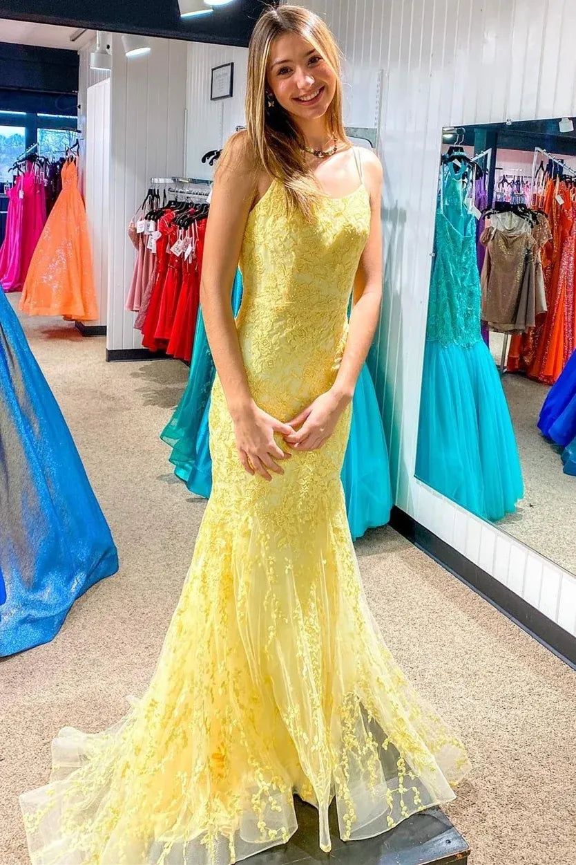 Sophisticated Mermaid Spaghetti Straps Sleeveless Backless Tulle Floor-Length Prom Dress