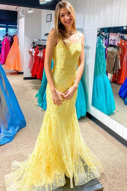 Sophisticated Mermaid Spaghetti Straps Sleeveless Backless Tulle Floor-Length Prom Dress