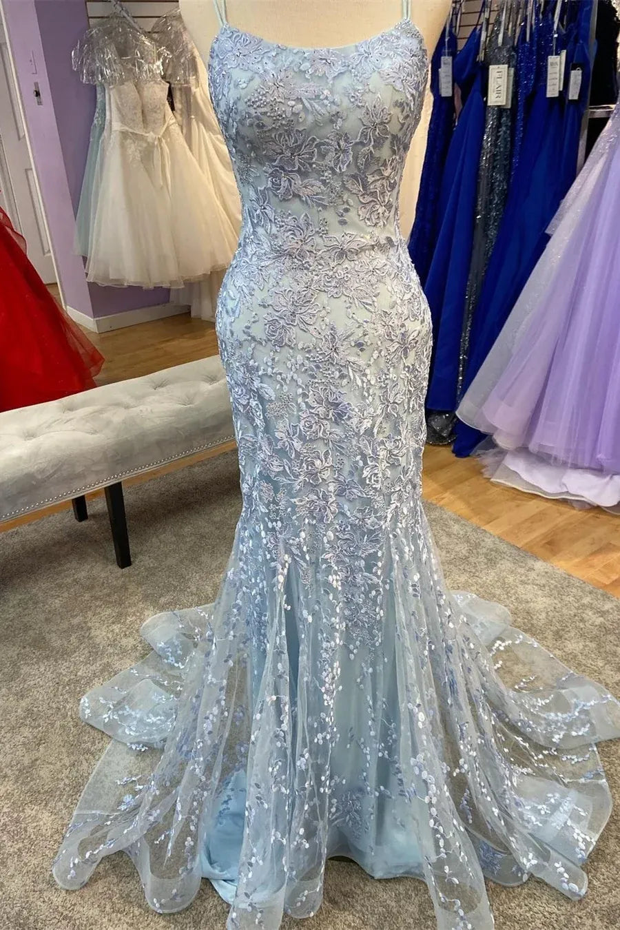 Sophisticated Mermaid Spaghetti Straps Sleeveless Backless Tulle Floor-Length Prom Dress