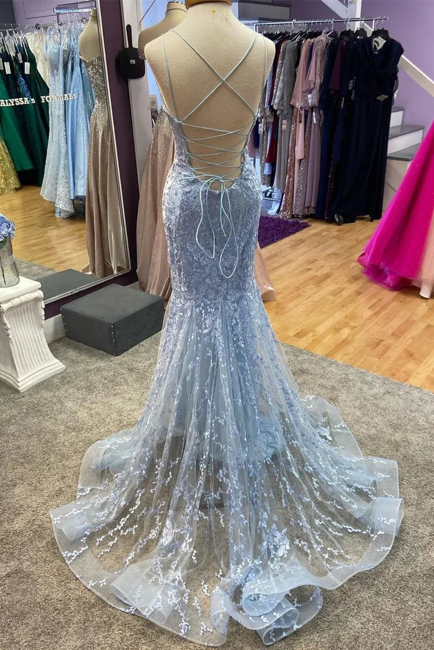 Sophisticated Mermaid Spaghetti Straps Sleeveless Backless Tulle Floor-Length Prom Dress