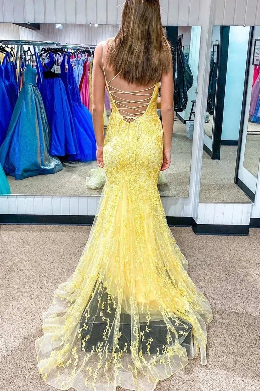 Sophisticated Mermaid Spaghetti Straps Sleeveless Backless Tulle Floor-Length Prom Dress