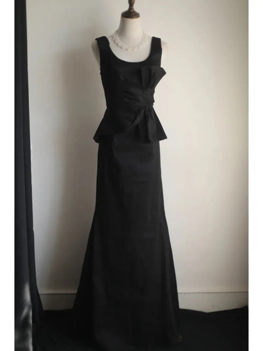 Sophisticated Mermaid Square-Neck Sleeveless Peplum-Accented Black Maxi Prom Dress for Women ready to ship
