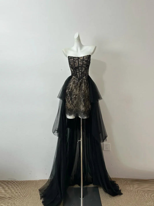 Sophisticated Mermaid Strapless Sleeveless Pleated Lace Floor-Length Prom Dress