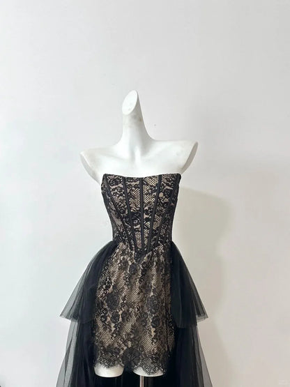 Sophisticated Mermaid Strapless Sleeveless Pleated Lace Floor-Length Prom Dress