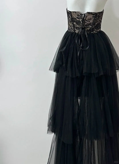 Sophisticated Mermaid Strapless Sleeveless Pleated Lace Floor-Length Prom Dress