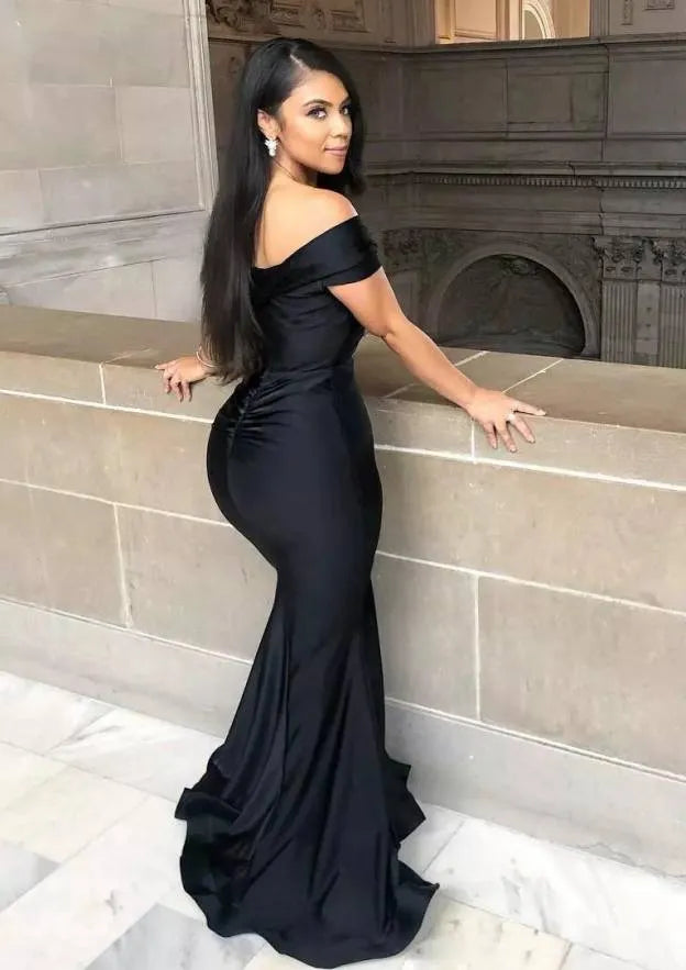 Sophisticated Satin Floor-Length Evening Dress Black Off-the-Shoulder Short-Sleeve Women