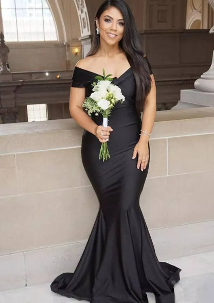 Sophisticated Satin Floor-Length Evening Dress Black Off-the-Shoulder Short-Sleeve Women