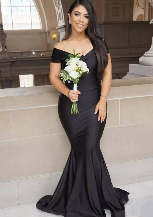 Sophisticated Satin Floor-Length Evening Dress Black Off-the-Shoulder Short-Sleeve Women