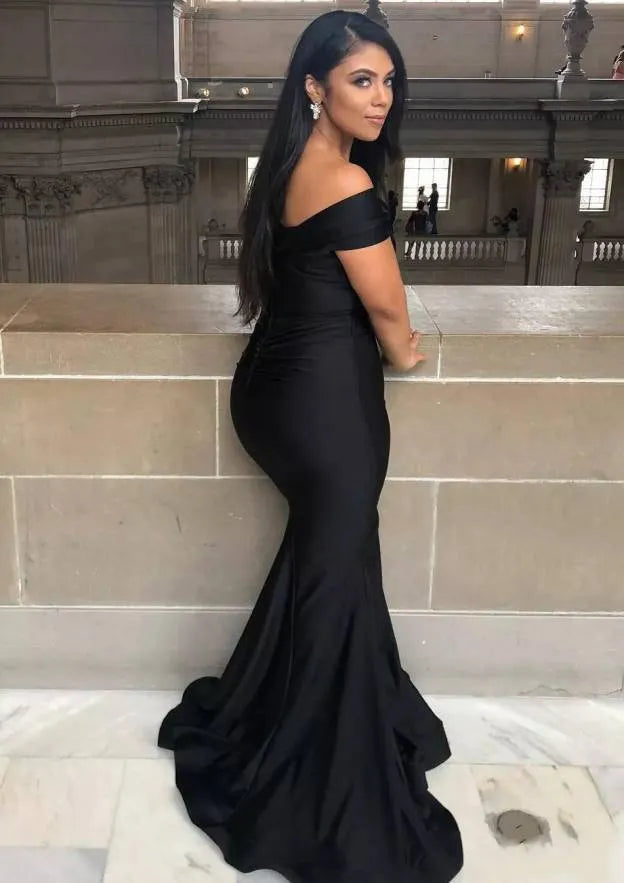 Sophisticated Satin Floor-Length Evening Dress Black Off-the-Shoulder Short-Sleeve Women