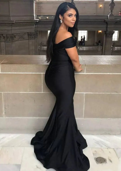 Sophisticated Satin Floor-Length Evening Dress Black Off-the-Shoulder Short-Sleeve Women