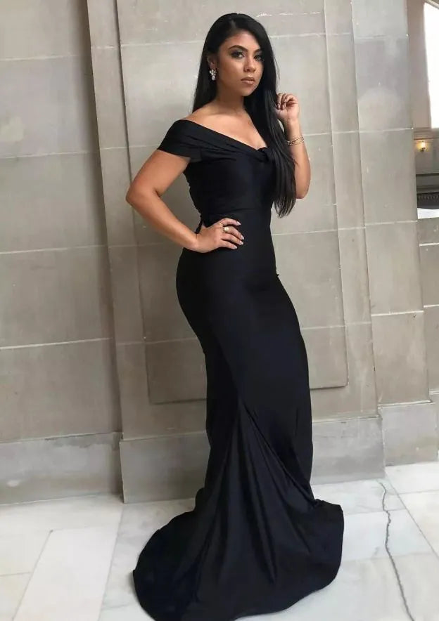 Sophisticated Satin Floor-Length Evening Dress Black Off-the-Shoulder Short-Sleeve Women