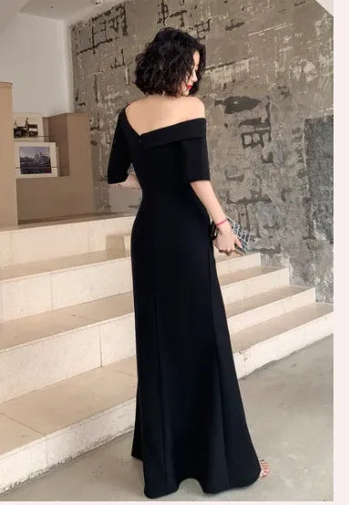 Sophisticated Sheath Off-the-shoulder Half-sleeve Slit Black Floor-length Prom Dress for Women Ready to Ship