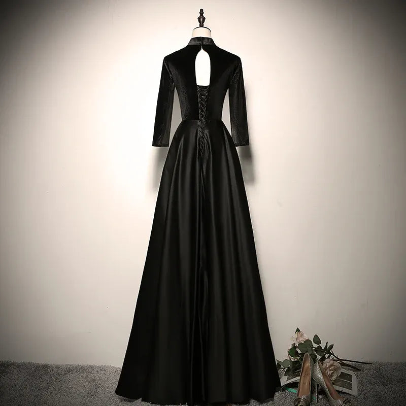 Sophisticated Velvet-Satin Long Evening Dress Black High-Neck Party Gown for Women
