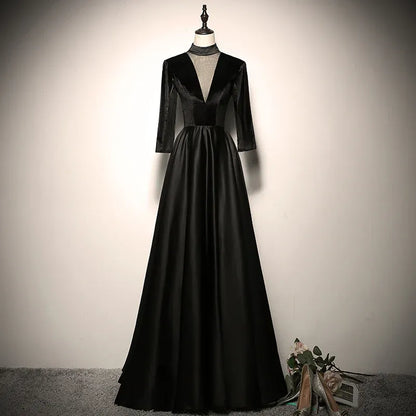 Sophisticated Velvet-Satin Long Evening Dress Black High-Neck Party Gown for Women