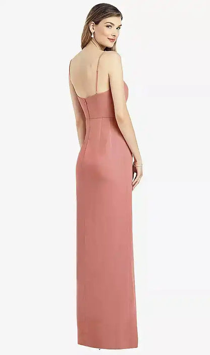 Spaghetti Strap Draped Skirt Gown with Front Slit in Desert Rose
