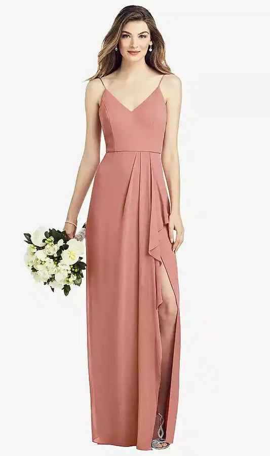 Spaghetti Strap Draped Skirt Gown with Front Slit in Desert Rose