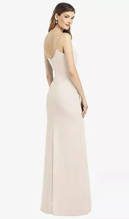Spaghetti Strap V-Back Crepe Gown with Front Slit in Oat