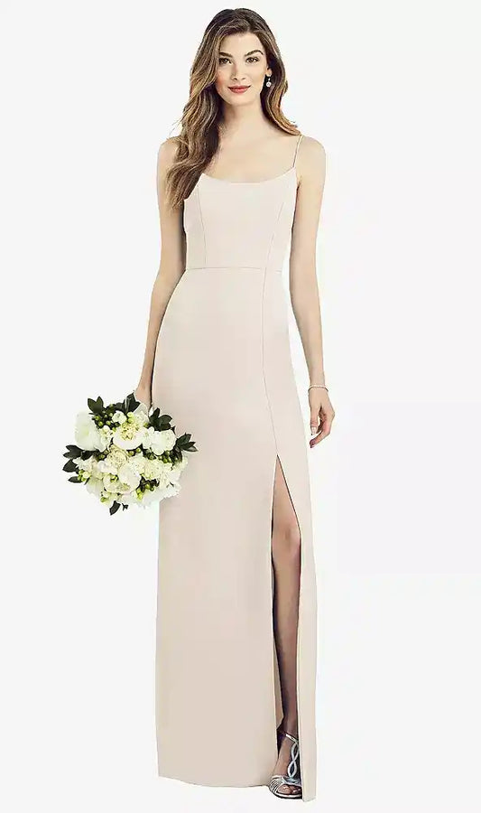 Spaghetti Strap V-Back Crepe Gown with Front Slit in Oat