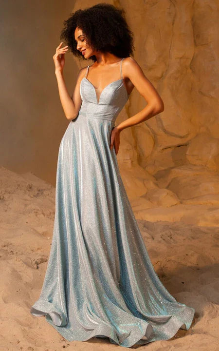 Spaghetti Straps Blush Spaghetti Empire A-line Sequin Formal Sweep/Brush Train Low-V Back Prom Dress