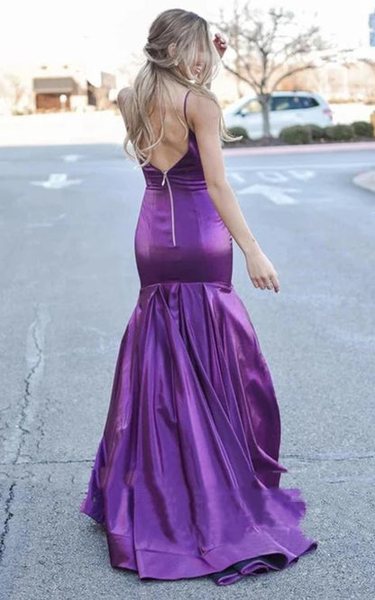 Spaghetti Straps Sleeveless Mermaid Satin Evening Dress with Ruching Train Prom Dress/Dress For Formal