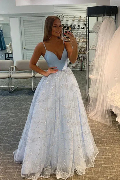 Floor-Sparking A-Line V-Neck Sleeveless Lace UpLength Prom Dress