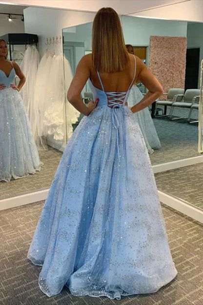 Floor-Sparking A-Line V-Neck Sleeveless Lace UpLength Prom Dress