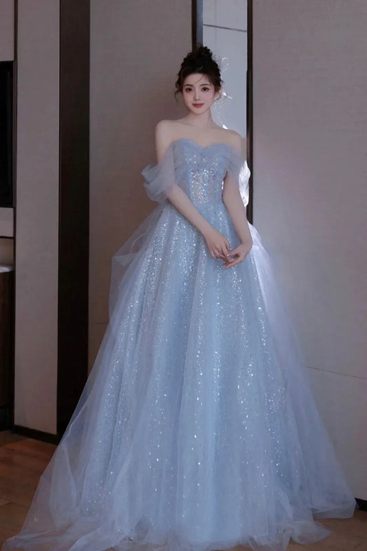 Sparkle A-Line Off Shoulder Sleeveless Lace Up Floor-Length Prom Dress