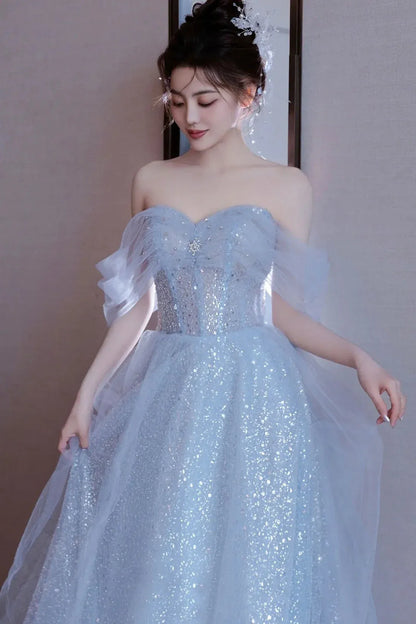 Sparkle A-Line Off Shoulder Sleeveless Lace Up Floor-Length Prom Dress