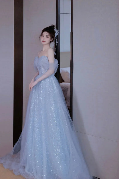 Sparkle A-Line Off Shoulder Sleeveless Lace Up Floor-Length Prom Dress