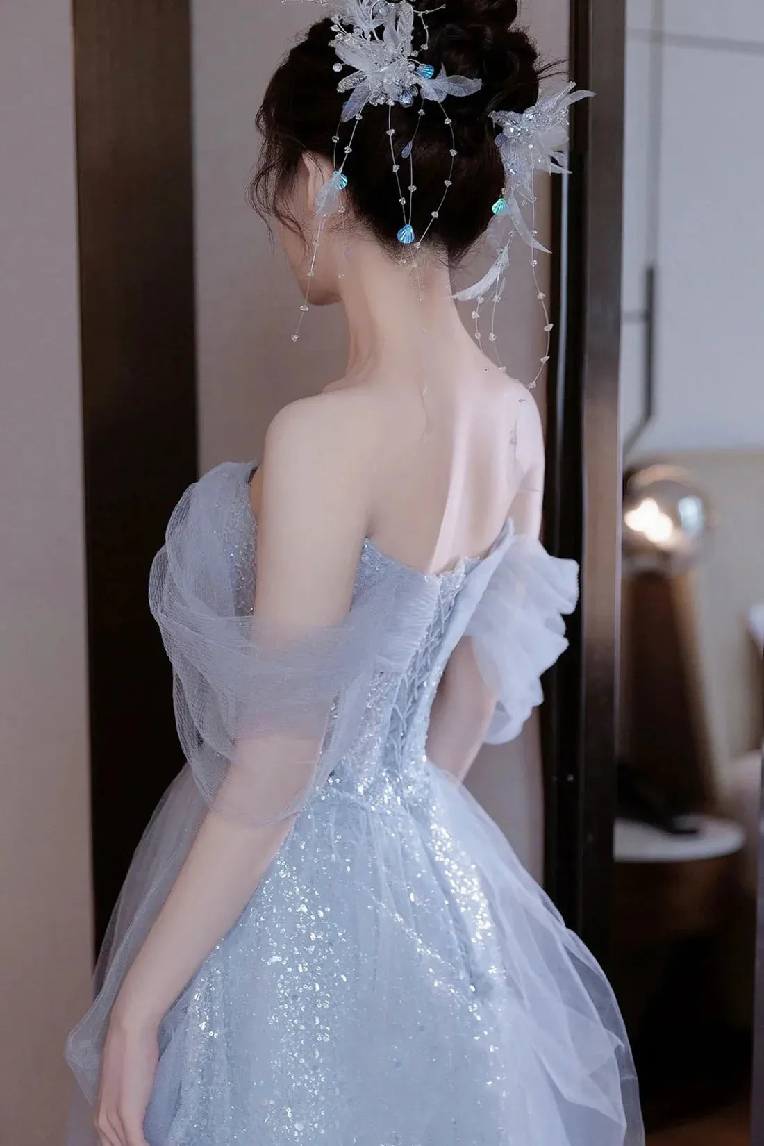Sparkle A-Line Off Shoulder Sleeveless Lace Up Floor-Length Prom Dress