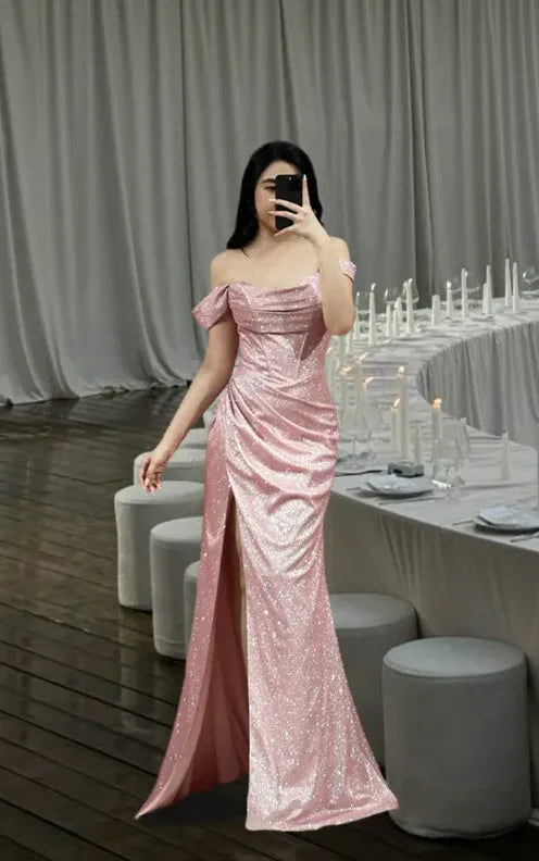 Sparkle A-Line Off the Shoulder Sleeveless Glitter Pleated Floor-Length Prom Dress