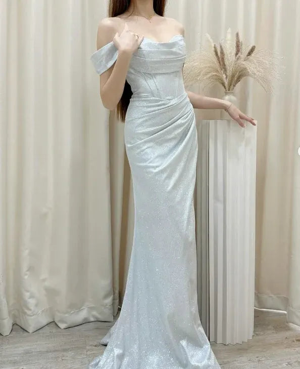 Sparkle A-Line Off the Shoulder Sleeveless Glitter Pleated Floor-Length Prom Dress