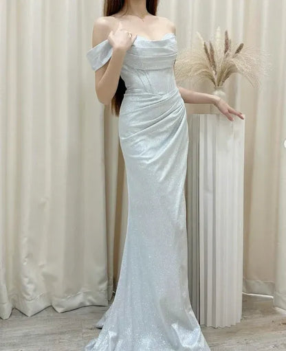 Sparkle A-Line Off the Shoulder Sleeveless Glitter Pleated Floor-Length Prom Dress