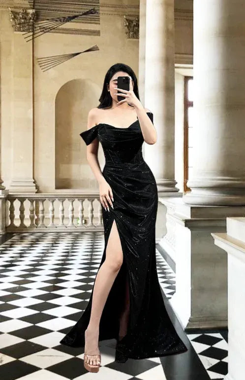 Sparkle A-Line Off the Shoulder Sleeveless Glitter Pleated Floor-Length Prom Dress