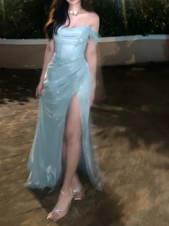 Sparkle A-Line Off the Shoulder Sleeveless Glitter Pleated Floor-Length Prom Dress