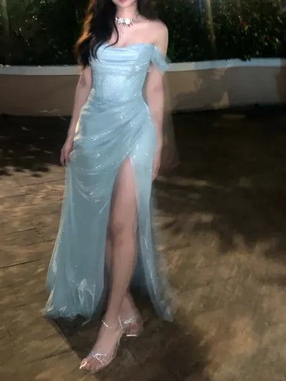 Sparkle A-Line Off the Shoulder Sleeveless Glitter Pleated Floor-Length Prom Dress